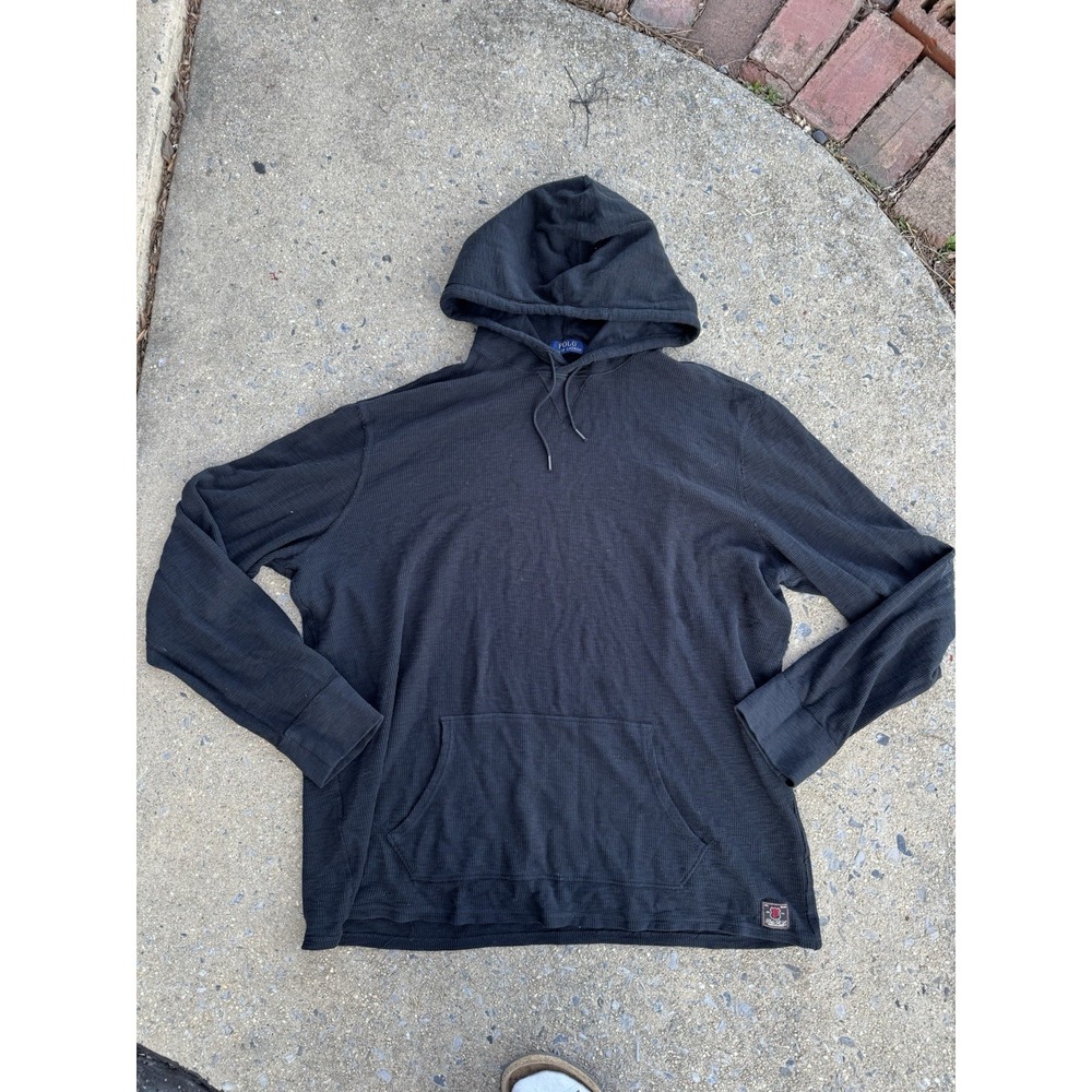 Ralph Lauren Hoodie Mens XXL Black Waffle Knit Thermal Pullover RL Collection